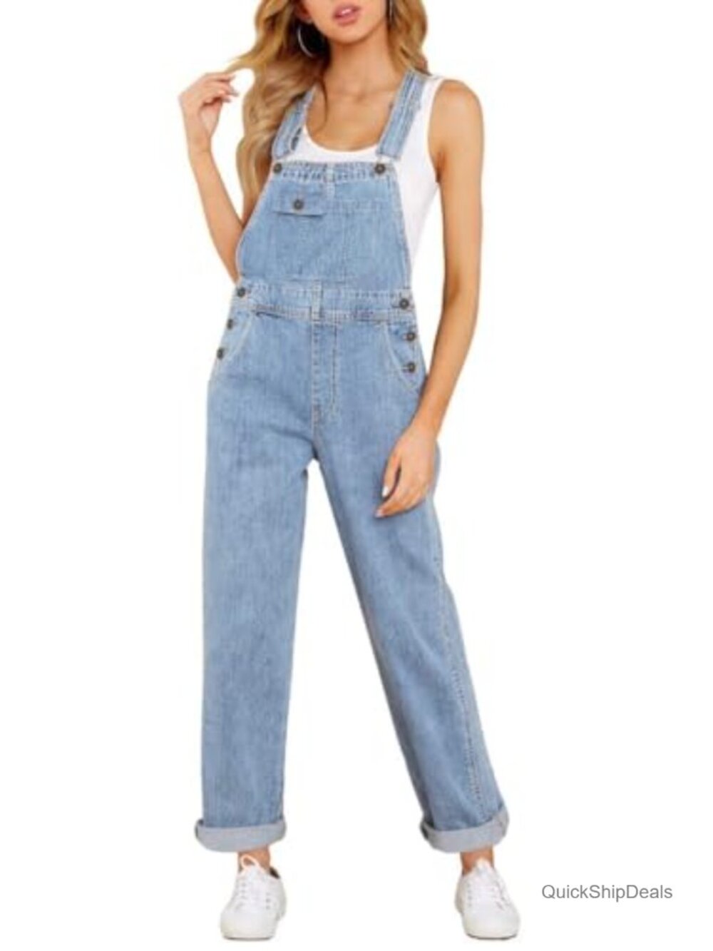 Women's Denim Overalls Stretch Straight Leg Adjustable Straps Jumpsuit